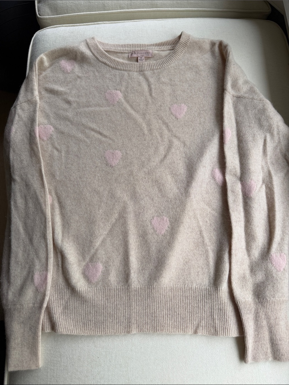 Philosophy Cream Crewneck Sweater with Pink Heart Accents M